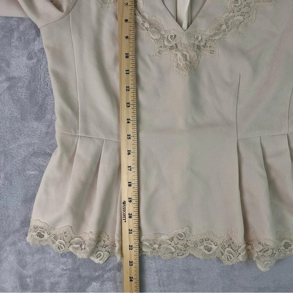 Rebecca Taylor Crepe Lace Inset Top Size 8 Beige Pleated 3/4 Sleeve V Neck - Picture 8 of 13